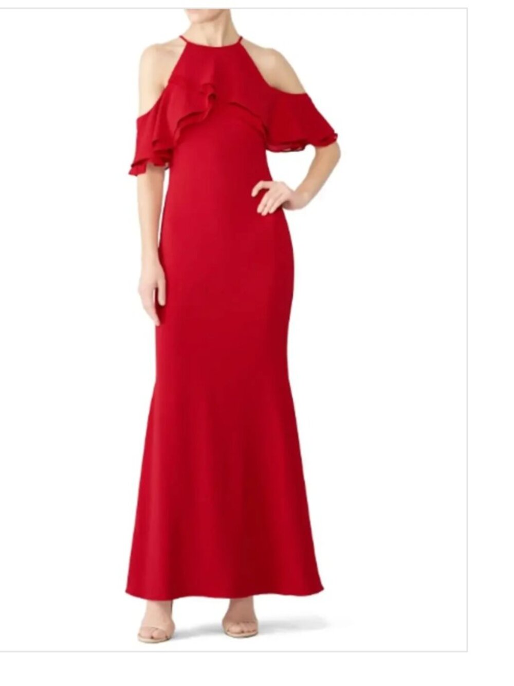 Badgley Mischka Crossover Ruffle Gown Cold Shoulder Red US 0